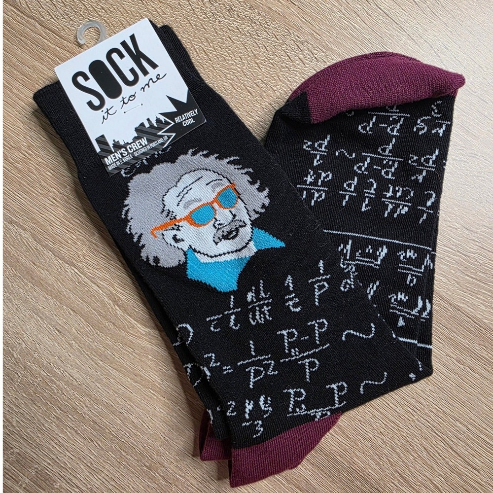 Sock It To Me Albert Einstein Crew Socks Black Burgundy Science Math Novelty